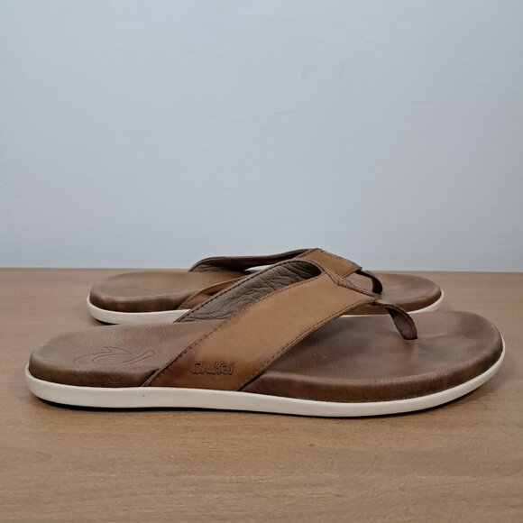 Olukai Nalukai Sandal Men\'s Size 11 Brown White Leather Flip Flop Comfort